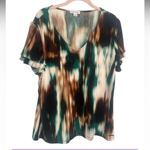 Calvin Klein Green and Brown Flutter Bell Sleeve V Neck Blouse XL